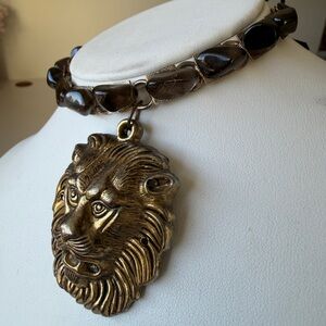 Vintage Lion Pendant choker with Brown Beads